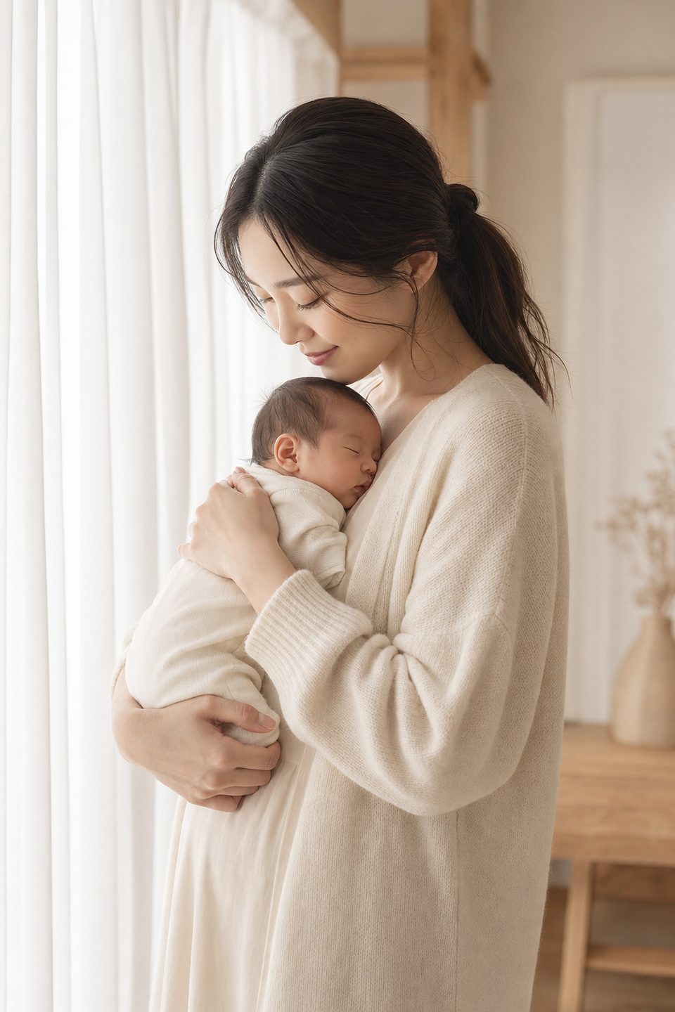 赤ちゃんを抱く産後のお母さん